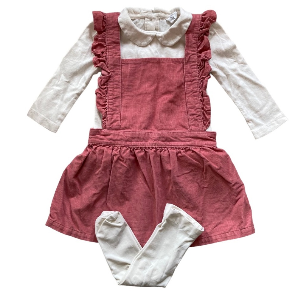 Baby GAP Pink Corduroy Ruffle Pinafore Dress with Shirt and Tights (6-12 Months)